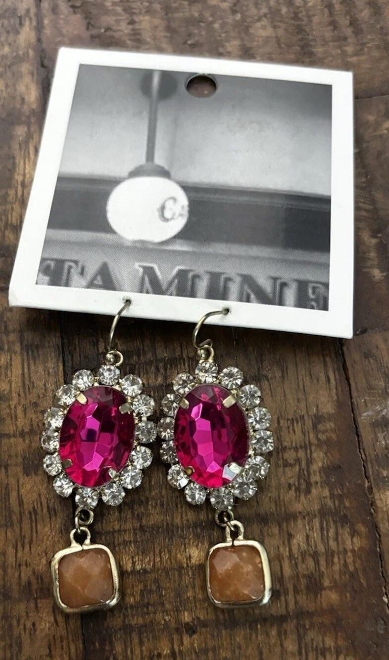 Anthropologie Earrings Gold Blooming Pink Rhinestone Boho CZ